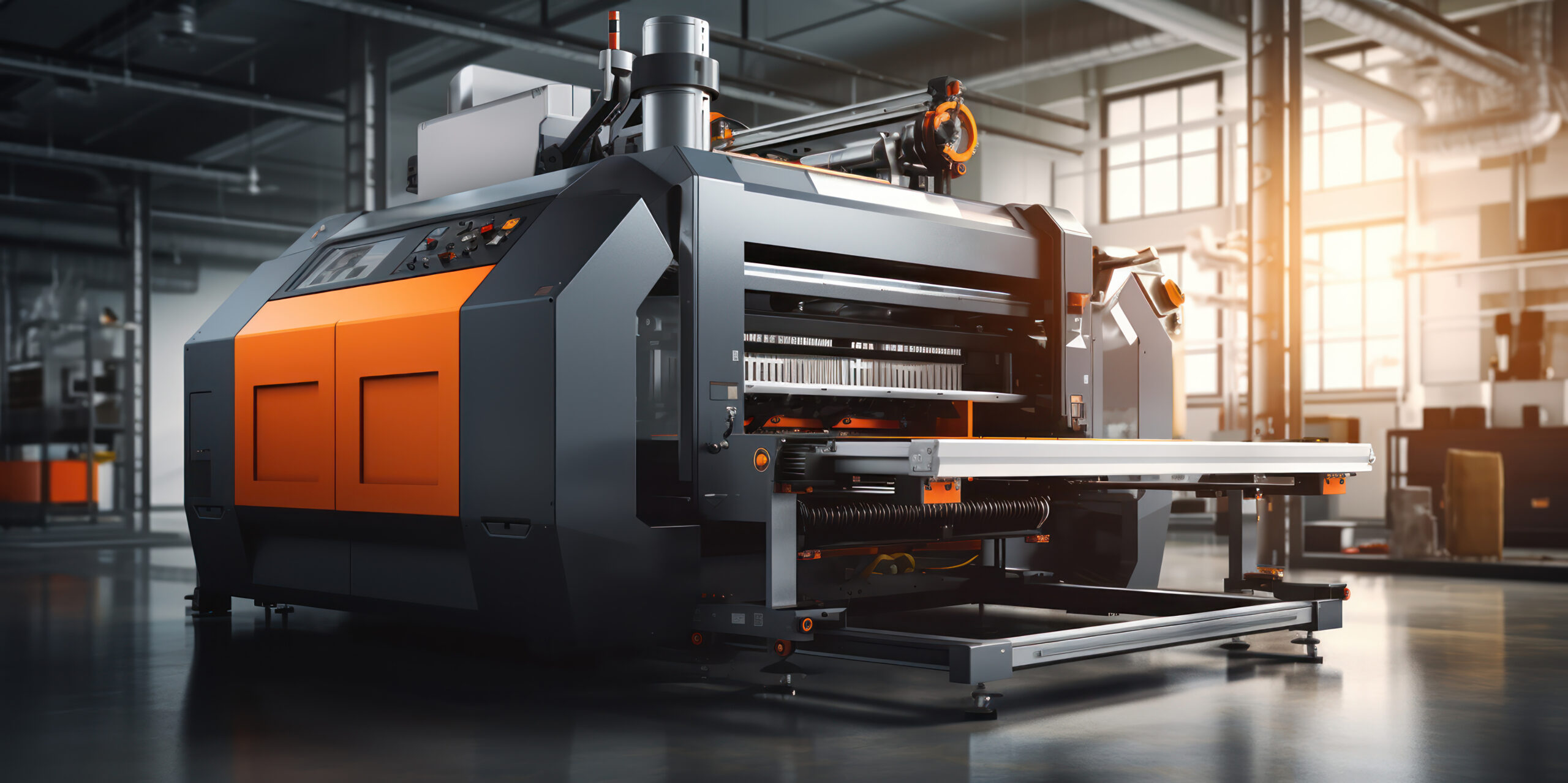 Modern industrial printer with vibrant orange elements, showcasi Branded Mug